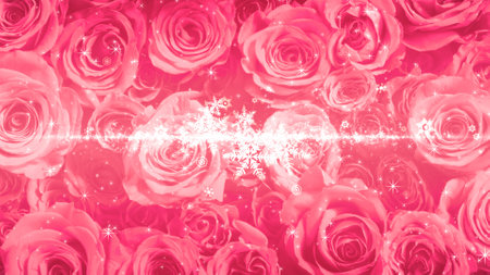 Crystal of snow and glitter flutter on rose backgroundの写真素材