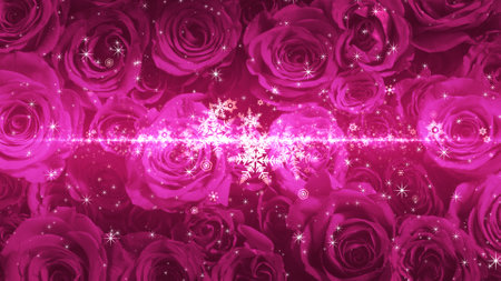 Crystal of snow and glitter flutter on rose backgroundの写真素材