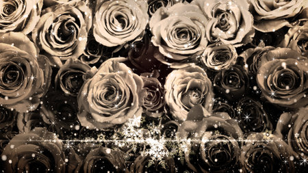 Crystal of snow and glitter flutter on rose backgroundの写真素材