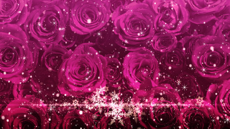 Crystal of snow and glitter flutter on rose backgroundの写真素材