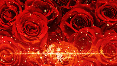 Crystal of snow and glitter flutter on rose backgroundの写真素材