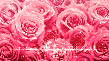 Crystal of snow and glitter flutter on rose backgroundの写真素材