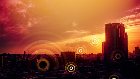 Image with graphics dancing in the sky at sunsetの写真素材