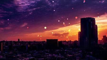 Image with graphics dancing in the sky at sunsetの写真素材