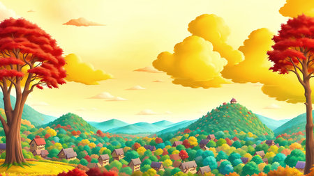 Sky, clouds, autumn leaves, mountains and cottage, duskの素材