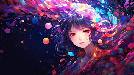 A girl standing in a shining colorful patternの素材