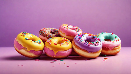 Colorful donuts with sprinkles on purple background. Sweet foodの素材