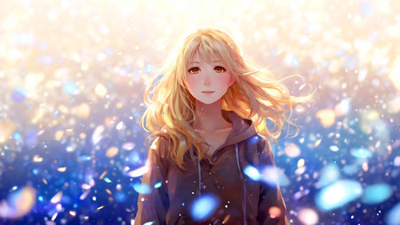 Portrait of a beautiful blonde girl with flying confetti in the background.の素材