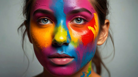 portrait of a girl with multicolored paint on her faceの素材