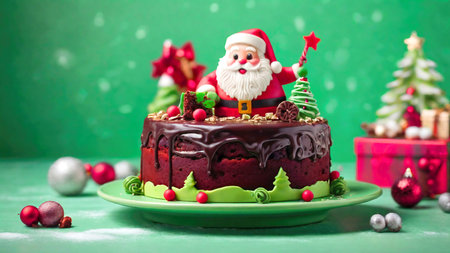 Christmas cake with chocolate frosting and Santa Claus on a green backgroundの素材