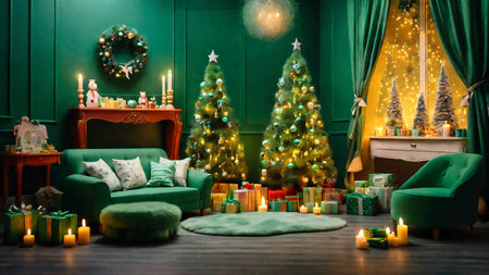 Christmas living room interior with Christmas tree, fireplace, armchair and giftsの素材