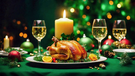 Roasted turkey on Christmas table with glasses of champagne and Christmas decorationsの素材