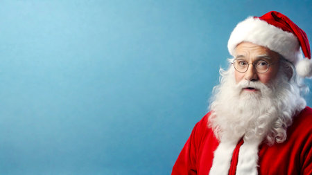 Portrait of santa claus looking at camera on blue backgroundの素材