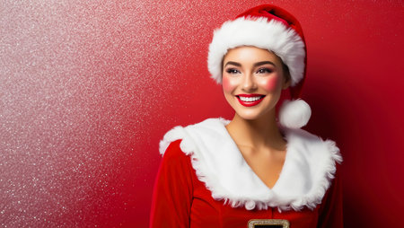 Portrait of beautiful young woman in Santa Claus clothes over red background.の素材