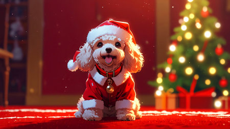 Santa claus dog sitting on red carpet with christmas tree backgroundの素材
