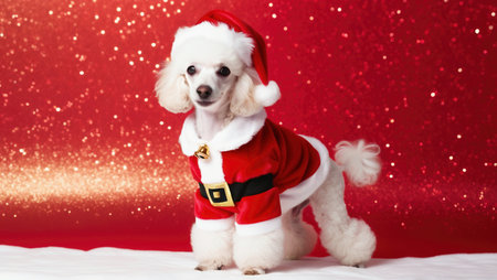 Cute dog in santa claus clothes on a red backgroundの素材