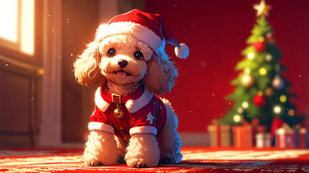 Cute dog in santa claus costume sitting near christmas treeの素材