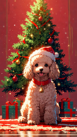 Cute poodle dog in Santa Claus hat sitting near christmas treeの素材