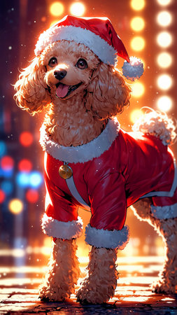 Cute dog in santa costume on stage. Christmas concept.の素材