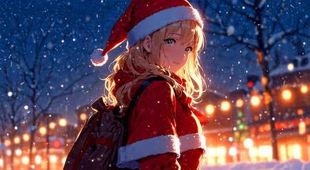 Beautiful girl in Santa Claus clothes on the background of night city.の素材