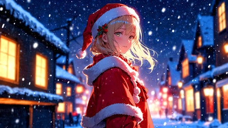 Cute little girl in Santa Claus costume at night in snowy town.の素材