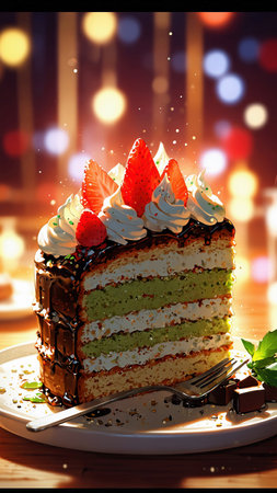 Piece of cake with strawberries and mint on a wooden table.の素材