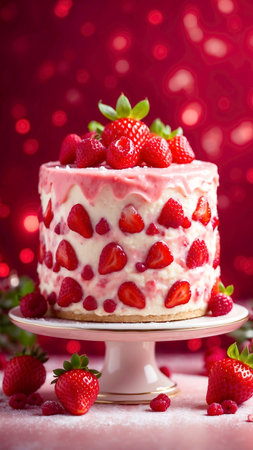 Strawberry cake on a pink background. Selective focus.の素材