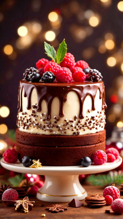 Chocolate cake with raspberries and blackberries on a dark backgroundの素材