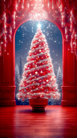Christmas tree in room with red door, 3d rendering toned imageの素材