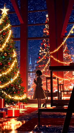 A girl in a beige coat stands by the window near the Christmas tree at night.の素材