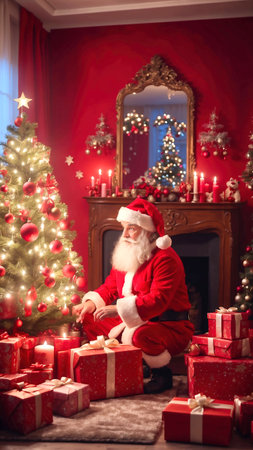 Santa Claus sitting in front of a fireplace with presents and Christmas treeの素材