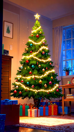 Decorated Christmas tree in the living room with gifts at nightの素材