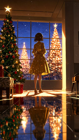 Girl in golden dress standing in front of the window with a Christmas treeの素材