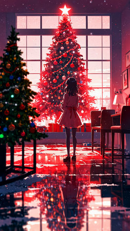 Little girl in a red coat stands in front of a Christmas tree.の素材