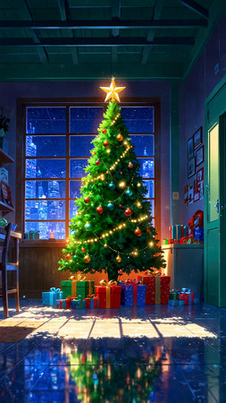 Christmas tree and presents in the living room at night, 3d renderの素材