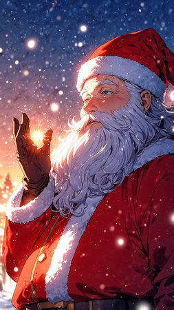 Santa Claus on the background of the night city. Christmas card.の素材
