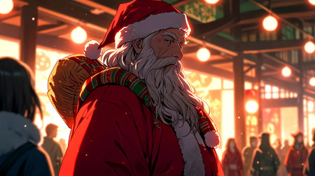 Santa Claus in a red coat with a white beard and a red cap on the background of Christmas lightsの素材