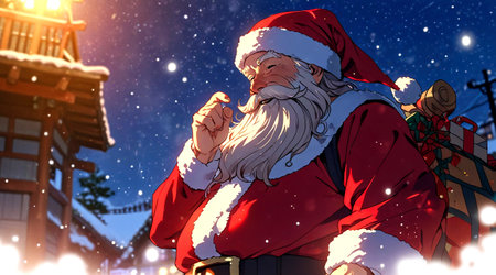 Santa Claus on the background of the night city. 3d illustrationの素材