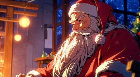 Santa Claus in front of a window with a Christmas tree at nightの素材