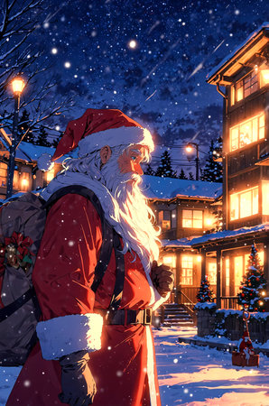 Santa Claus walking on the street of the old town at night.の素材