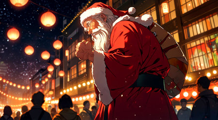 Santa Claus in the city at night. Christmas and New Year concept.の素材