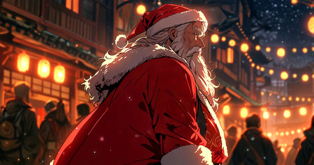 santa claus walking on the street of the city at nightの素材