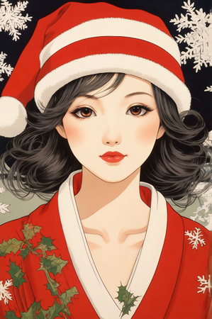Beautiful girl in Santa Claus hat. Christmas illustration.の素材