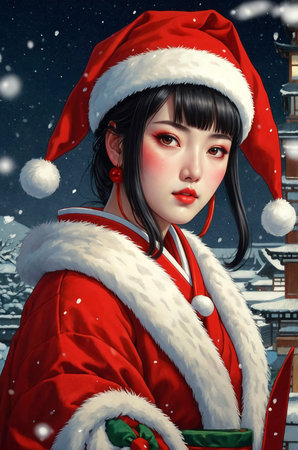 Beautiful asian girl in red santa claus clothes. Christmas concept.の素材