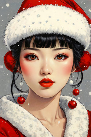 Portrait of a beautiful asian woman in Santa Claus clothes.の素材