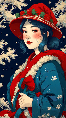Beautiful young woman in a red hat and winter coat. Vector illustration.の素材