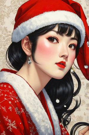 Portrait of a beautiful asian woman in Santa Claus clothes.の素材