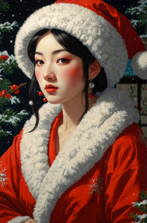Portrait of a beautiful asian woman in santa claus clothesの素材