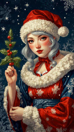 Portrait of a beautiful young woman in Santa Claus clothes. Christmas theme.の素材