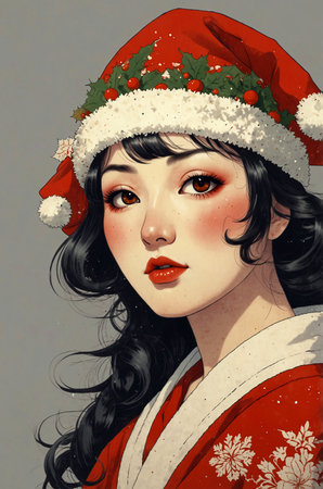 Beautiful young woman in a Santa Claus hat. Vector illustration.の素材